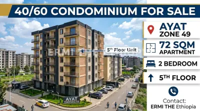  40/60 Condominium for Sale in Addis Ababa, Ayat -49  72 sqm 2 bedroom  , Condominium in Addis Ababa
